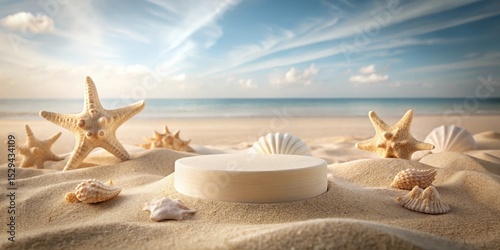 Fototapeta Naklejka Na Ścianę i Meble -  Empty beige podium on sandy beach with starfish and seashells scattered around it