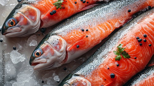 Fresh salmon fillets on ice, seasoned with herbs and spices