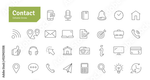 Contact Line Icons Set. Camera, Massage, Email, Location, Home, Address, Headphone, Mobile, Laptop, Monitor Icons Editable Stroke Vector Illustration