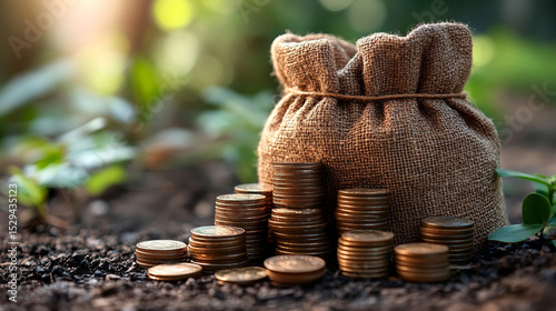 Burlap Money Bag with Coin Stacks in Garden Soil