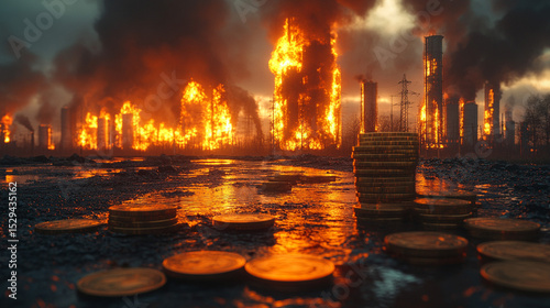 Burning Industrial Zone, Stacked Gold Coins, Disaster Aftermath, Financial Opportunity