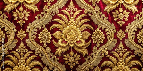 Intricate floral damask with golden embroidery on a luxurious velvet fabric, embroidery, textiles, embroidery, textiles, flowers