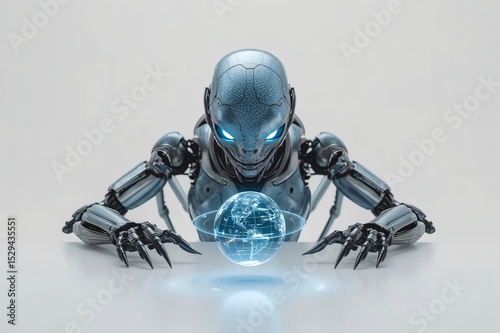 Alien, Extraterrestrial, Droid, Robot, Cybernetic, Futuristic, Mask, Glowing eyes, Hologram, Holographic globe, Blue-black, Fiberglass, Power cables, Technology, Sci-fi, Modern, Upper body, Chin on ta