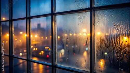 Dewy morning fog wraps around a windowpane, revealing a dark street scene at dusk