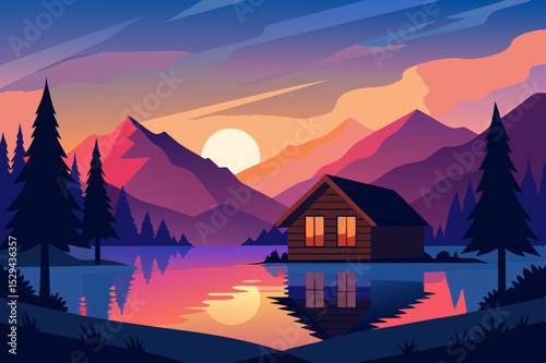 Sunset mountain cabin lakeside landscape illustration
