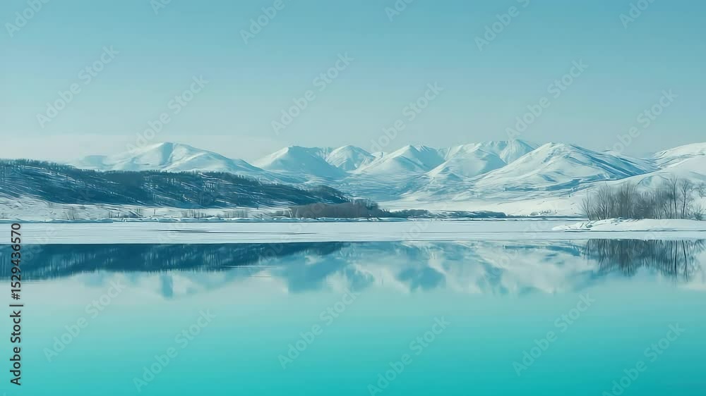 Tranquil Winter Lake with Snowy Mountain Reflection. Winter Christmas Cool Background Video. Tranquil Winter Lake with Snowy Mountain Reflection. Winter Christmas Cool Background Video.