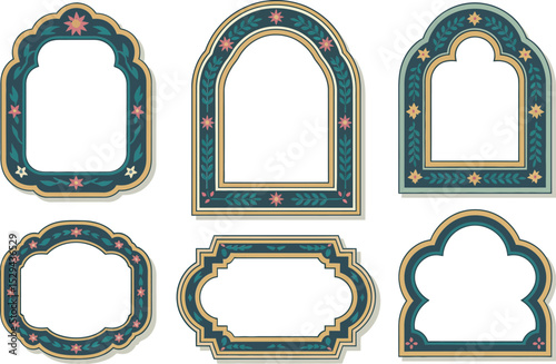 Luxury arch frame set. Green ornamental niche shapes with gold accents for title, header or branding layout  