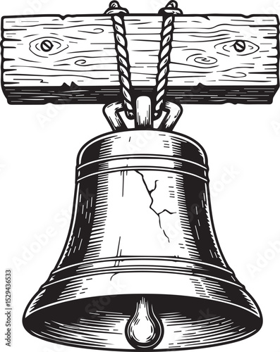 Vintage Bell Illustration Hanging from Wooden Beam