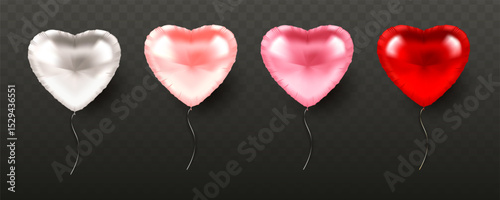 Set of shiny heart-shaped balloons in white, pink, and red colors, realistic style on transparent dark background. Concept of love and celebration. Vector illustration