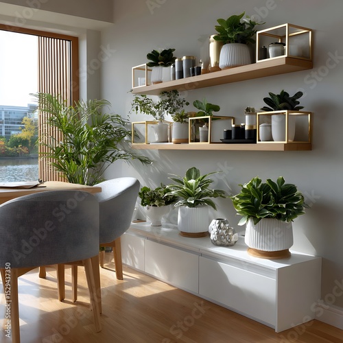 Modern dining area with floating shelves, plants, and light-colored furniture