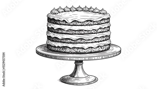Layered cake on cake stand.