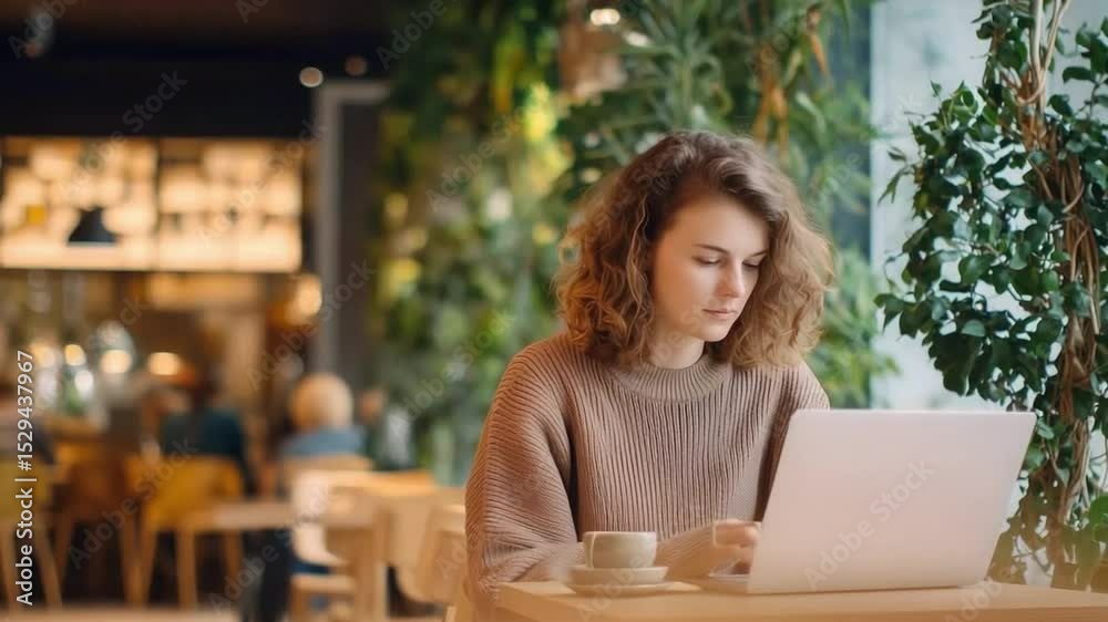 full shot, modern cafe, woman sitting, working on laptop, background softly blurred, no foreground objects, clean table, wide composition with negative space on the right, warm natural lig