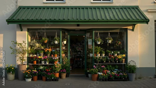 Flower shop storefront with plants and hanging baskets