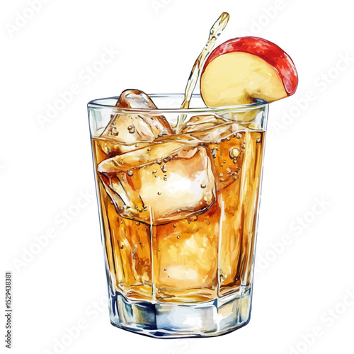 watercolor of Cider Poured Into Glass, vector high quality, isolated on a white background.