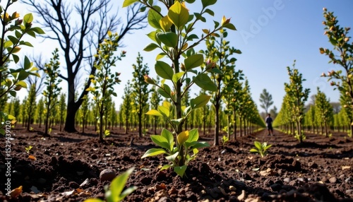 reforestation project tree plantation in progress to bat climate change sustainability preserve environment dappled light left side copy space right side, not people.