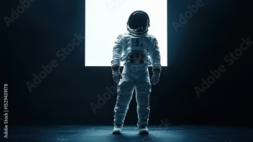 an astronaut walks against a white glowing screen