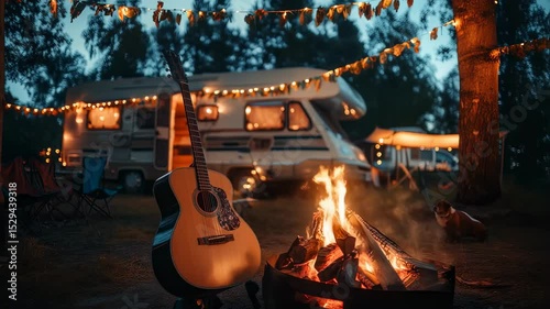 the guitar is next to the fire, with a travel van in the background
