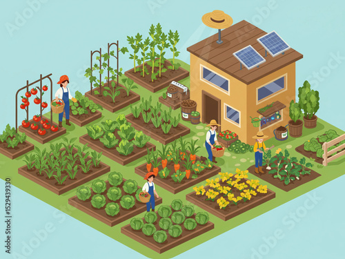 Isometric View of a Sustainable Community Garden with Farmers