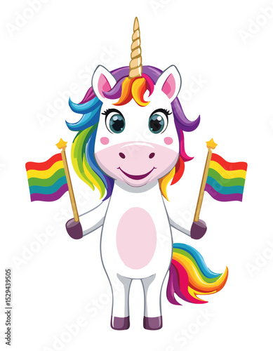 Cute Cartoon Unicorn Holding Rainbow LGBT Pride Flags Illustration