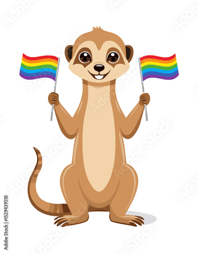 Cute Cartoon Meerkat Holding Rainbow Flags LGBT Pride Illustration
