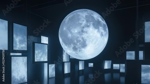 the moon spinning against white glowing screens