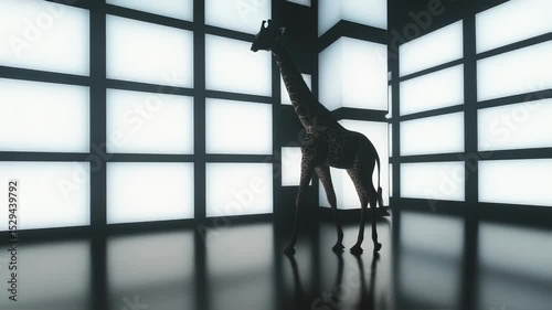 the giraffe walks against white lighted screens