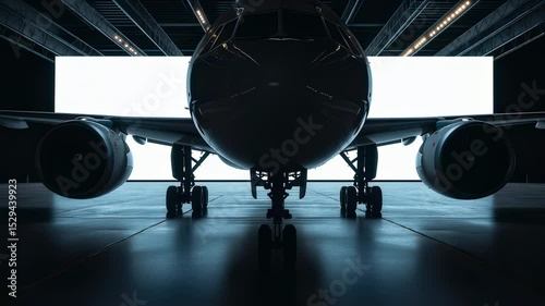 an airplane rides through a hangar in the frame, with a big white glowing screen in the background