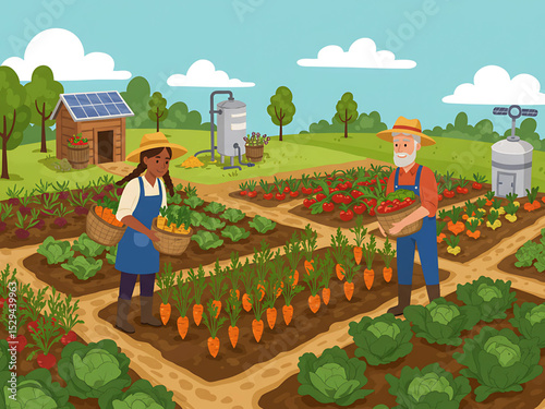 Two Farmers Harvesting Produce in a Community Vegetable Garden