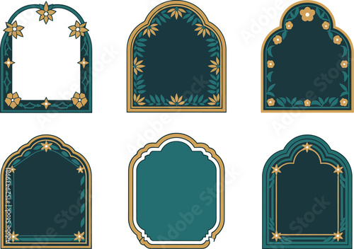 Rounded arch frame designs. Elite arabesque-style golden frames with dark elegance and presentation layouts  