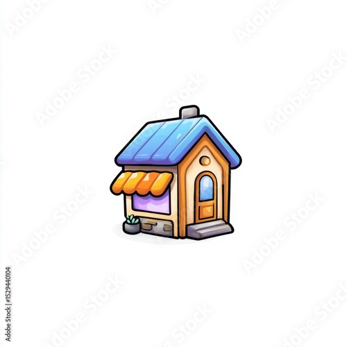 Charming and Colorful Cartoon House with Blue Roof and Orange Awning in a Minimalist Style for Creative Projects