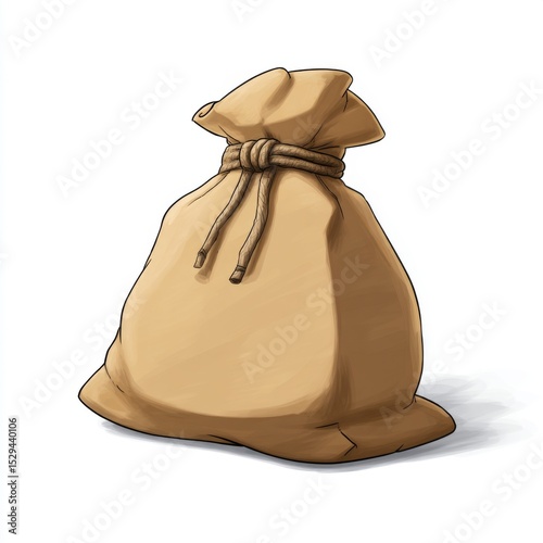 Brown burlap sack tied with string, empty bag for storage and transport, isolated on white background, cartoon illustration style
