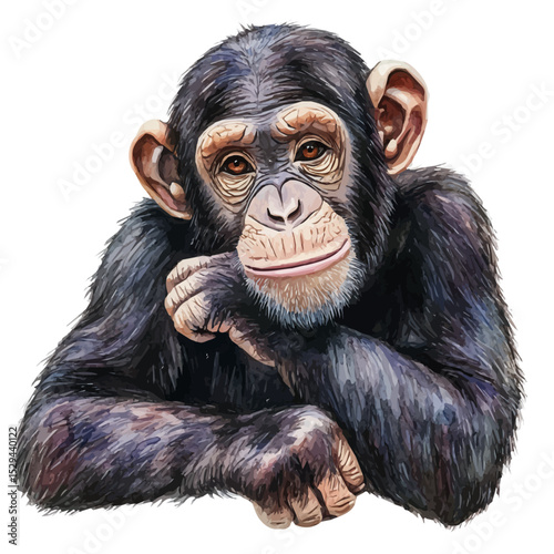 Chimpanzee, watercolor clipart vector, high quality, isolated on a white background.