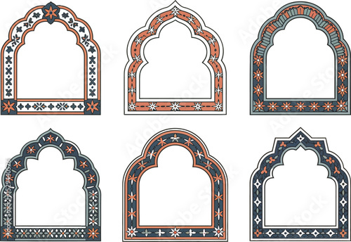 Islamic heritage frame icons. Cultural arch layouts with terracotta and copper tones suited for certificates  