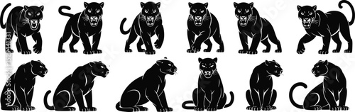 Black silhouettes of animals set including wild animals, monster, cat, dog, and characters in a fun, cartoon style illustration