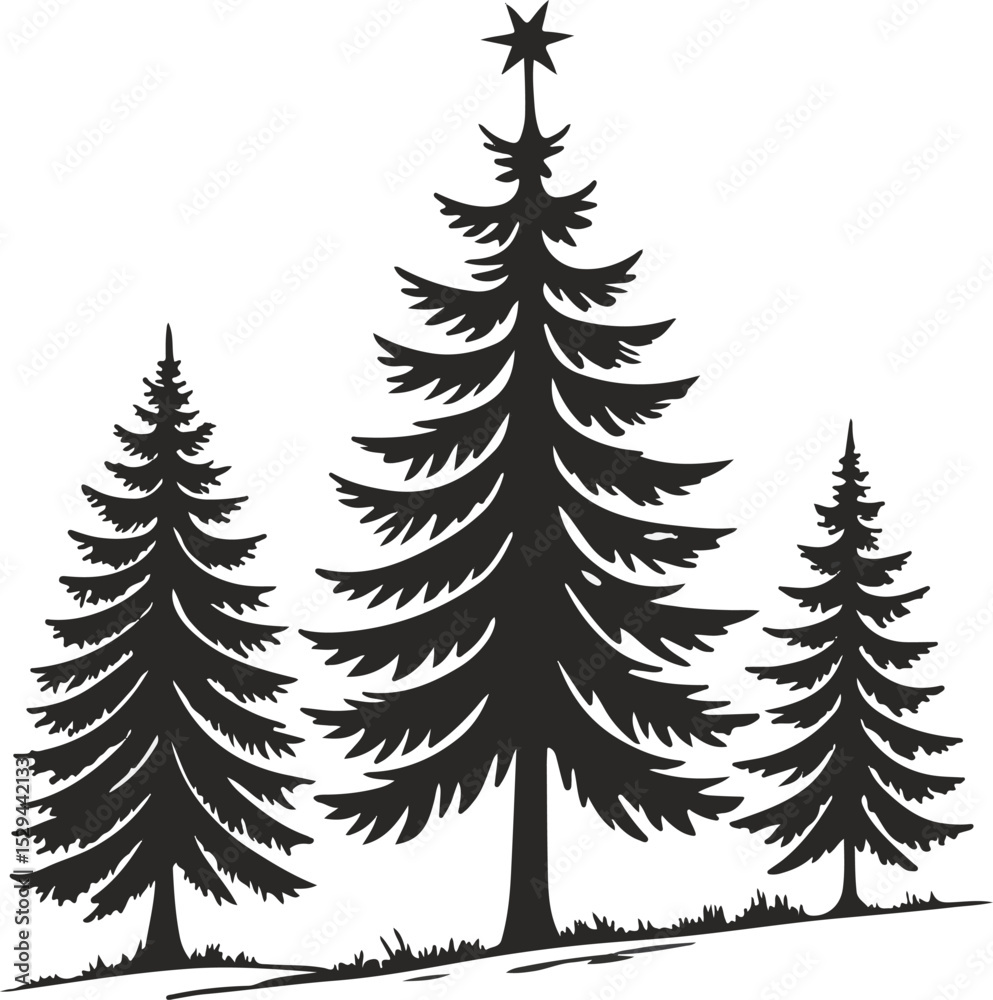 Obraz premium Three Black Silhouette Pine Trees Christmas Star Winter Forest Graphic Design vector