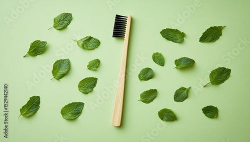 Bamboo toothbrush surrounded by fresh mint leaves on a light green background