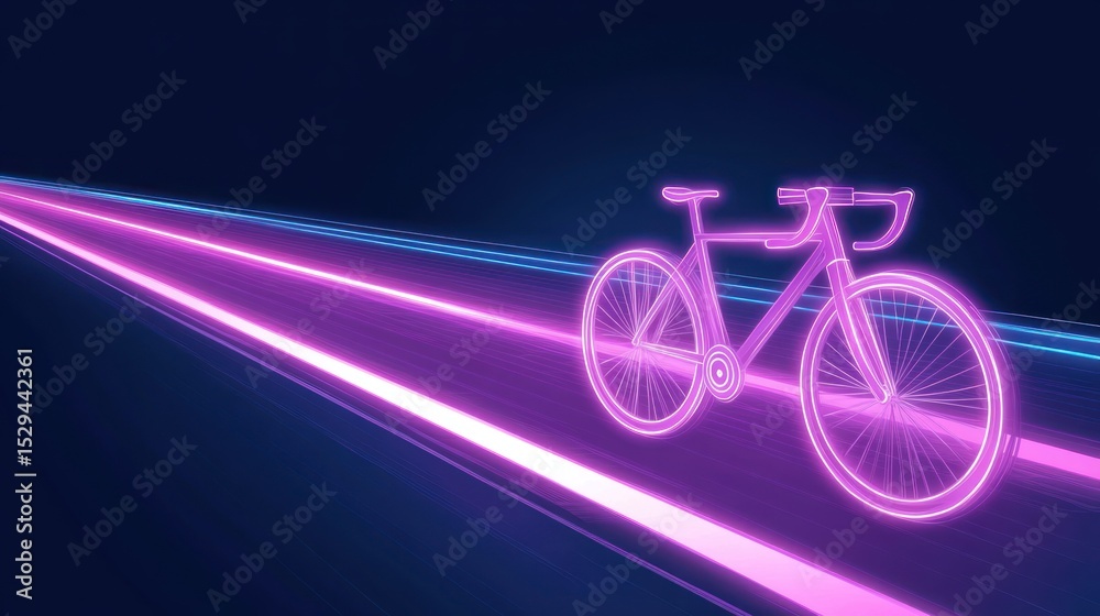 Fototapeta premium A neon pink bicycle graphic on a dark background with glowing neon lines mimicking a road
