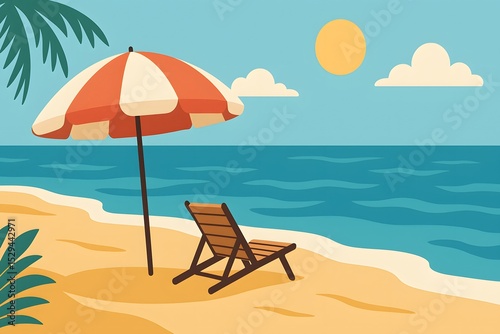 Relaxing Beach Scene with Umbrella and Lounge Chair Under Sunlight