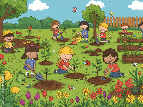 Kids Engaged in a Community Tree Planting and Gardening Activity