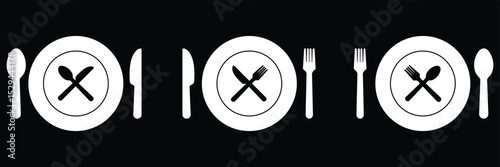 Tableware icon set of fork, knife, spoon. Logotype menu. Cutlery and crockery sign. Vector illustration