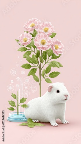 AI Cute Pet Pastel Style Adorable Guinea Pig Surrounded by Pink Flowers and Greenery Uplifting Design