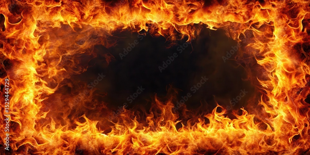Obraz premium Inferno landscape with flames forming a dramatic border frame, fiery, fireframe, fiery, fireframe, lava,border, volcanic