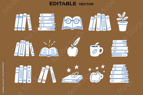 Cute Doodle Style Education and Knowledge Vector Pattern with Books Apple Plant and Coffee Cup on Brown