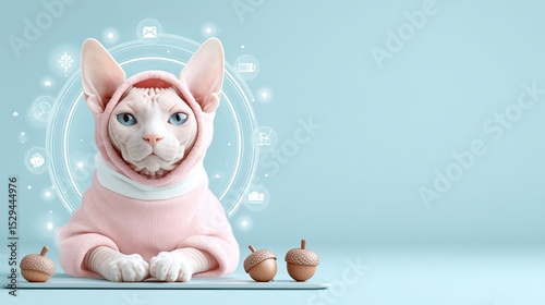 AI Cute Pet Pastel Style Playful Cat in Stylish Hoodie Surrounded by Icons on Soft Blue Background