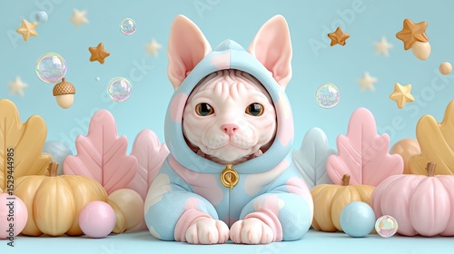 AI Cute Pet Pastel Style Cute Cat in Cozy Hoodie Surrounded by Colorful Decorations and Bubbles