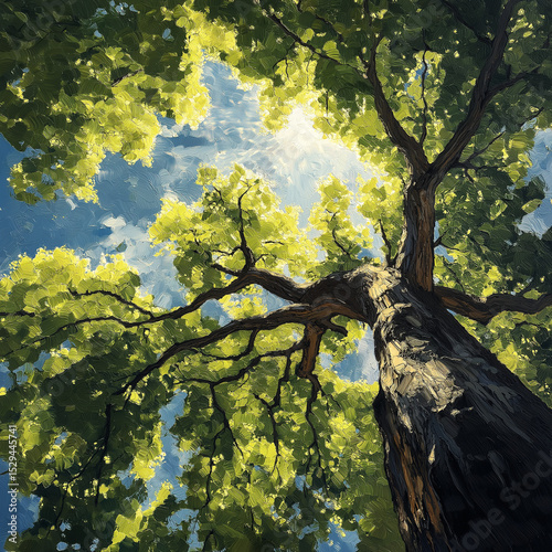 Skyward Majesty: An Impressive Low-Angle View of a Tree with Bright Green Leaves Against a Blue Sky.