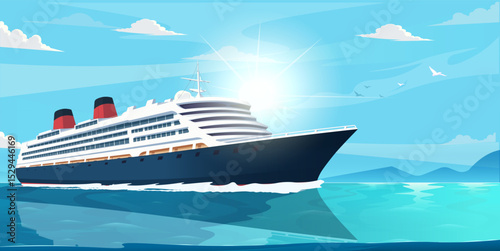 Large cruise ship moving on tranquil sea with sun rays, birds, and mountains in the background, travel and vacation concept. Vector illustration