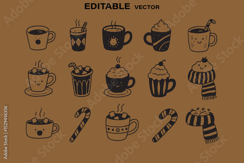 Cute Hand Drawn Doodle Winter Drinks and Desserts Vector Illustration on Brown Background