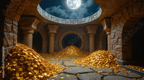 Treasure chamber filled with golden coins under moonlit sky creates magical atmosphere. stone architecture adds sense of ancient mystery