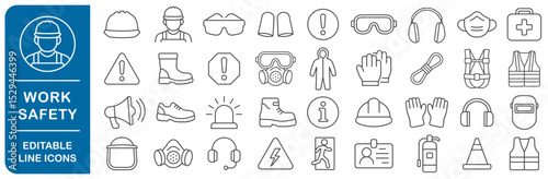 Work safety equipment editable line icons set. Safety icon symbol collection. Essential construction and industry signs.  Safety and health protection equipment. Vector illustration image. Isolated 
